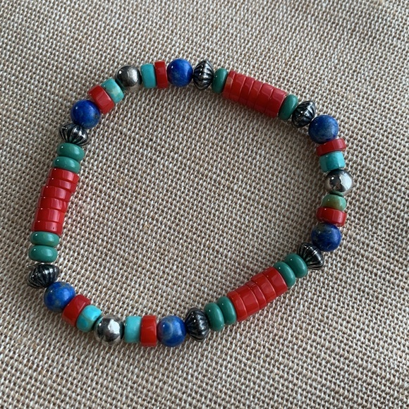 Gemstone bracelet. sterling silver. Stretch. Red coral turquoise lapis lazuli - Picture 4 of 4